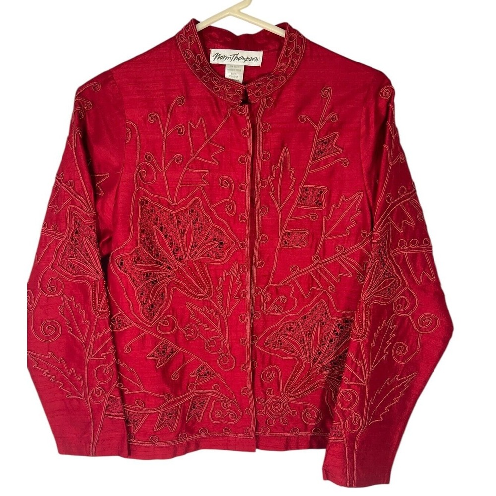 Norm Thompson Women's Vintage Silk Embroidered Red Jacket Beaded M